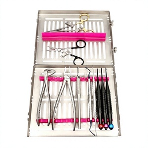 Juego de Instrumentos Quirúrgicos Dentales de Acero Inoxidable, Herramientas Manuales Clase I con Empuñadura Moleteada Plateada y Bandeja Organizadora Rosa - Product Image 1