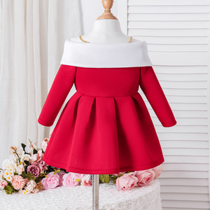 ชุดเดรสเด็ก สีแดง แขนยาว เปิดไหล่ ความยาวระดับเข่า ชุดเดรสสำหรับงานปาร์ตี้ หมวกผูกโบว์ แขนยาว กระโปรงเด็กผู้หญิงทรงเจ้าหญิงจับจีบ - Product Image 2