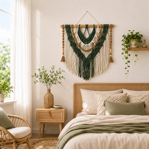 Tapisserie murale en <span class=keywords><strong>macramé</strong></span> Driftwood <span class=keywords><strong>avec</strong></span> perles de <span class=keywords><strong>bois</strong></span> blanches, longues franges et pompons, grande décoration murale bohème pour cheminée et chambre à coucher - Product Image 1