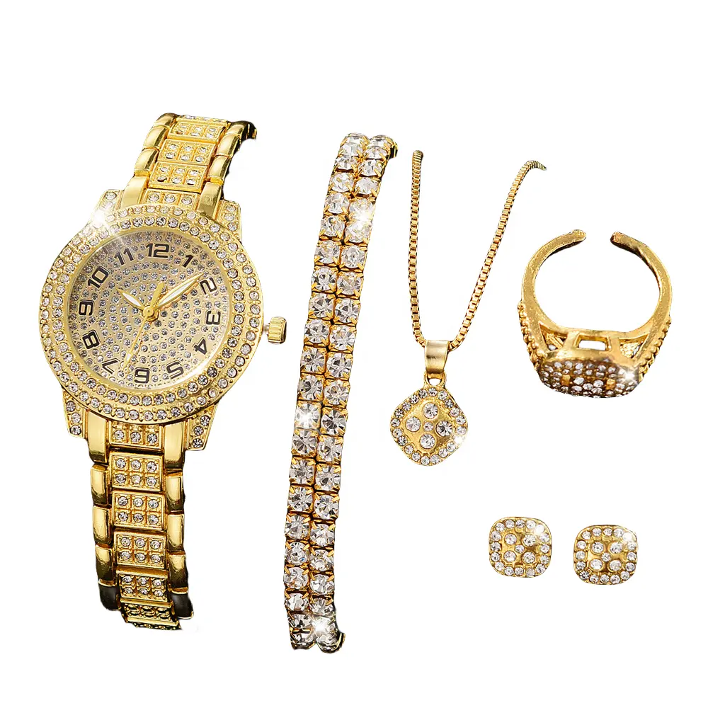 Y113 jam tangan quartz wanita 6 buah/set tali baja tahan karat bulat emas berlian mewah luar es emas