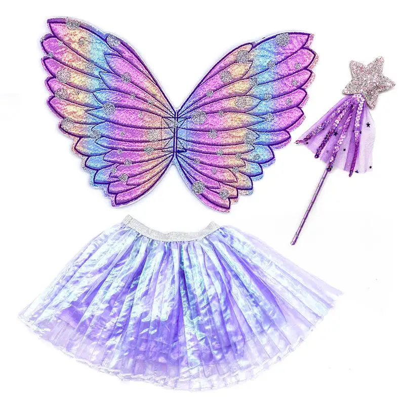 2023 Butterfly Angel Wings Princess Laser Print Skirt Star Fairy Stick Festival Costume Kids Party Dress Up