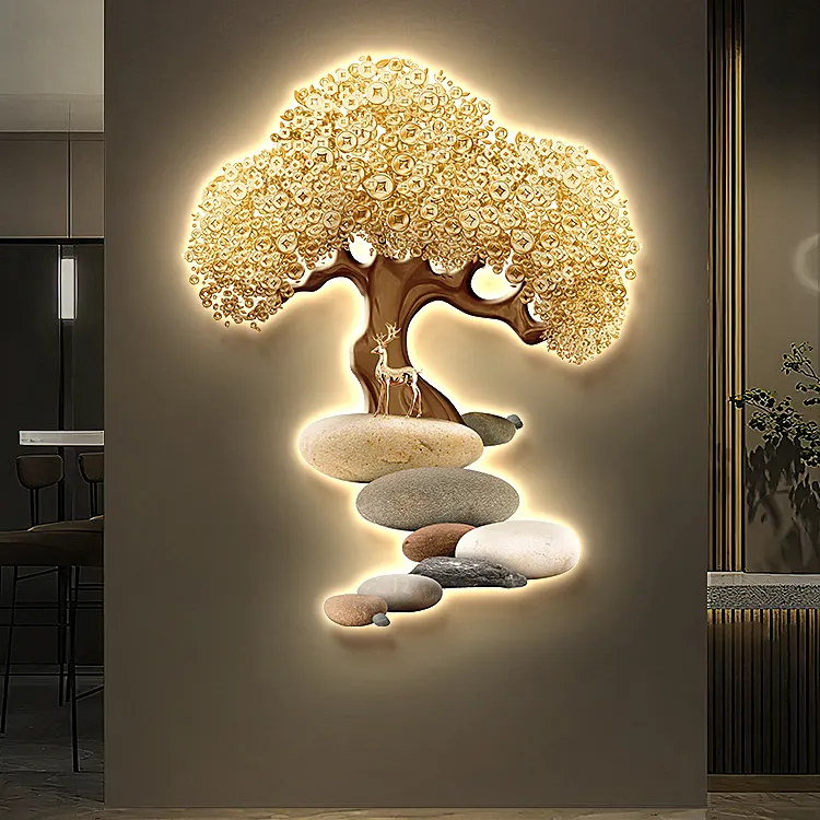Luxury Golden Tree Home Living Room Decors Designer's Style Large 3D Metal New Product Design Wall lamp LED Decorations For