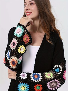 <span class=keywords><strong>Pull</strong></span> cardigan à fleurs à <span class=keywords><strong>manches</strong></span> <span class=keywords><strong>évasées</strong></span> pour dames Style décontracté tricot motif jacquard tricots - Product Image 3