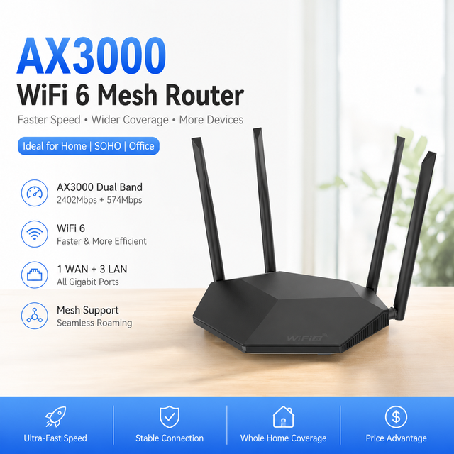 Low Price WiFi 6 AX3000 Dual Band Mesh System 2.4GHz 5GHz MU-MIMO OFDMA 1 Gigabit WAN 3 Gigabit LAN  EasyMesh  Router