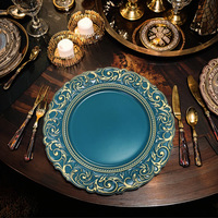 Assiette de présentation ronde en plastique de 13 pouces avec bord doré gaufré, jetable, pour décoration de table de mariage ou de fête