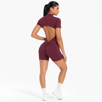 Combinaison de sport une pièce pour femme à manches courtes, dos nu, froncée, avec fermeture éclair sur le devant, pour le yoga, la course et le fitness