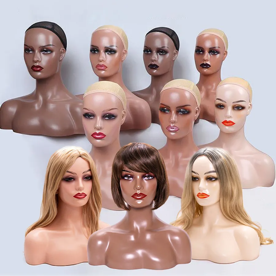 Factory Wholesale Custom Makeup African PVC Realistic Bust Female Wig Stand Mannequin Head with Shoulders for Display Wigs Hat