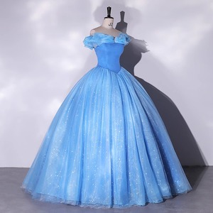 Blue Off The Shoulder Empire Waist Evening Gown Puffy Skirt Wedding Dress - Product Image 2