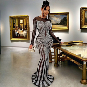 Robe de Soirée Longue Sirène en Satin Formelle en Maille Transparente avec Décoration en Dentelle et Strass Longueur au Sol pour Fête et Bal de Promo - Product Image 2