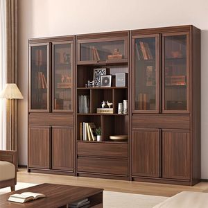 <b>Solid</b> <b>Wood</b> Bookshelf Walnut Color Glass Door Display Cabinet Home Office Study Room Storage Furniture - Product Image 2