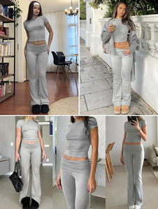 Conjunto Deportivo de Dos Piezas para Mujer, Estilo Y2K, Novedad de 2026, Top Corto de Manga Corta y Pantalones Acampanados, <span class=keywords><strong>Traje</strong></span> de Verano - Product Image 2