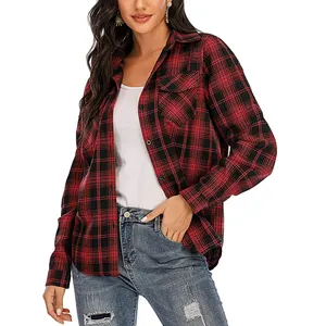 OEM ODM Custom Logo Womens Plaid Flannel Shirts Casual Roll up Long Sleeve Boyfriend Button Down Checkered Shirt