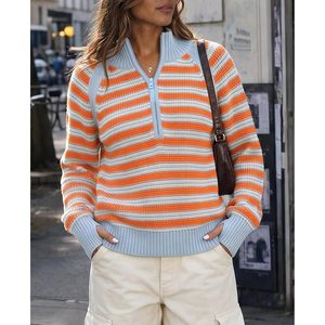 Pull personnalisé pour femme à demi-zip, rayé, à manches longues, en tricot côtelé, coupe oversize, col roulé décontracté - Product Image 2
