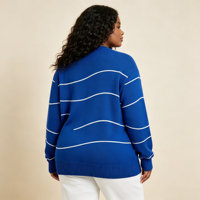 Pull en tricot jacquard bleu à col rond, décoré de broderies rayées blanches, vintage et simple, pour femme, ODM OEM