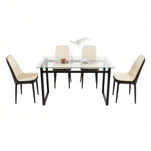 Modern <b>Rectangular</b> Tempered Glass Dining Table Set 4 Piece Black Metal Leg Thick <b>Cushioned</b> PU Chairs Dining Room Furniture - Product Image 1