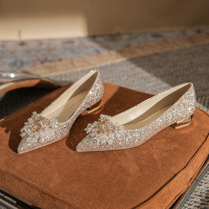 Ballerines de mariage couleur champagne à talon bas, dessus en cuir véritable, semelle intermédiaire en caoutchouc, imperméables - Product Image 5