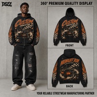 Sweat à capuche zippé 430 GSM 100% Coton Coupe Boxy Délavé à l'acide Street Racing Impression DTG effet craquelé Flamme Strass Fabricant de streetwear personnalisé