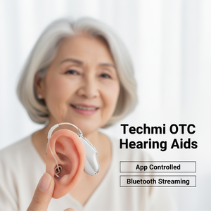Audífono Híbrido Techmi y Tapón Electrónico 2 en 1, Dispositivo TWS OTC FDA con App para Pérdida Auditiva y Protección Táctica - Product Image 1