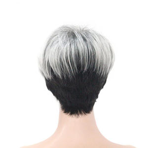 6 pouces argent noir <span class=keywords><strong>court</strong></span> <span class=keywords><strong>coupe</strong></span> <span class=keywords><strong>de</strong></span> lutin perruque <span class=keywords><strong>de</strong></span> <span class=keywords><strong>cheveux</strong></span> synthétiques en couches avec Bang mode résistant à la chaleur haute température fibre perruque femmes - Product Image 6