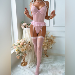 Body de lencería de malla transparente para <span class=keywords><strong>mujer</strong></span>, sexy, rosa, con aros, push-up, encaje blanco, volantes, liguero, de una pieza - Product Image 2