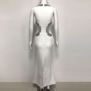 Abito <span class=keywords><strong>da</strong></span> Sera Elegante <span class=keywords><strong>Bianco</strong></span> Senza Maniche con Strass e Taglio in Vita per Donna, Vestito Lungo di Lusso per Matrimoni, Banchetti e Feste - Product Image 4
