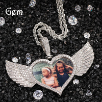 Collier Pendentif Souvenir en Cuivre et Zircon, Motif Cœur Ailé, Style Européen-Américain, pour Photos Personnalisées, Créatif DIY, Commémoratif Hip Hop