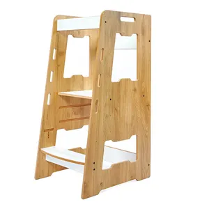 4 en 1 Tabouret de cuisine pour tout-petits Tour debout en bois réglable en hauteur avec toboggan Chaise haute Activités Montessori