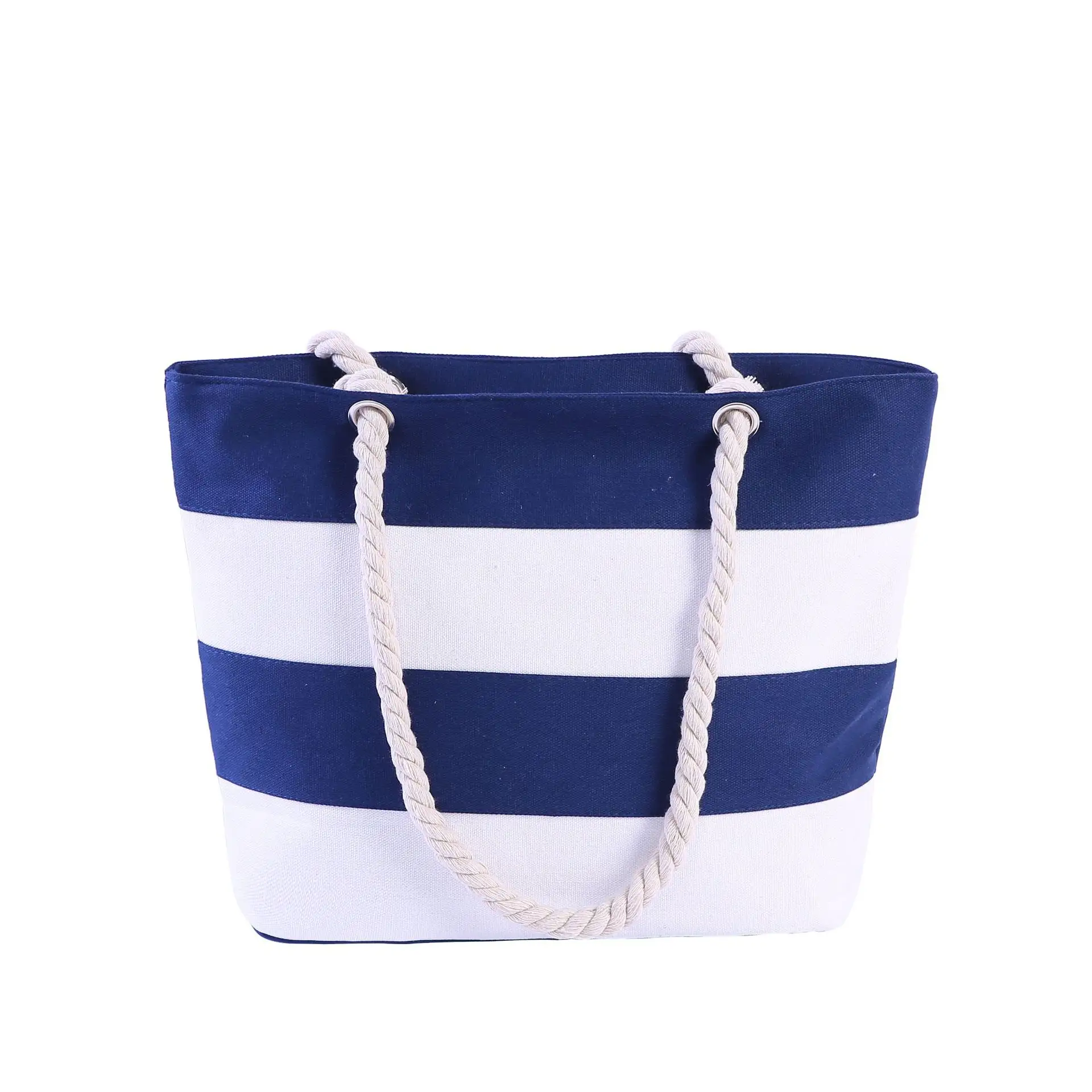 HB021-Bolso de mano de lona con costura a rayas para mujer, bolsa de compras de viaje, de ocio, de playa con correa gruesa