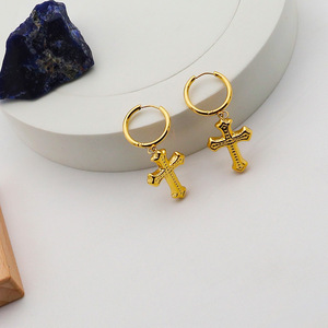 Cross Pendant Earrings Steel Gold Geometric Design Women's Fashion Dangle Earrings - Product Image 4