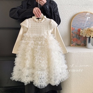 Gaun putri beludru putih anak perempuan, gaun Dalaman dekorasi renda Musim Semi dan musim dingin untuk anak perempuan - Product Image 6