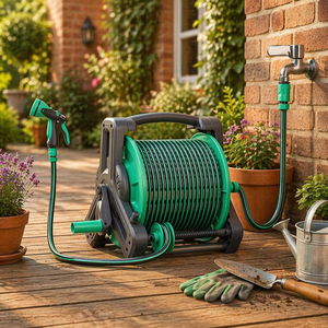 Enrouleur de tuyau d'arrosage rétractable <span class=keywords><strong>automatique</strong></span> Yardworks 40M en acier inoxydable et résine robuste pour jardin - 2 roues - Product Image 1