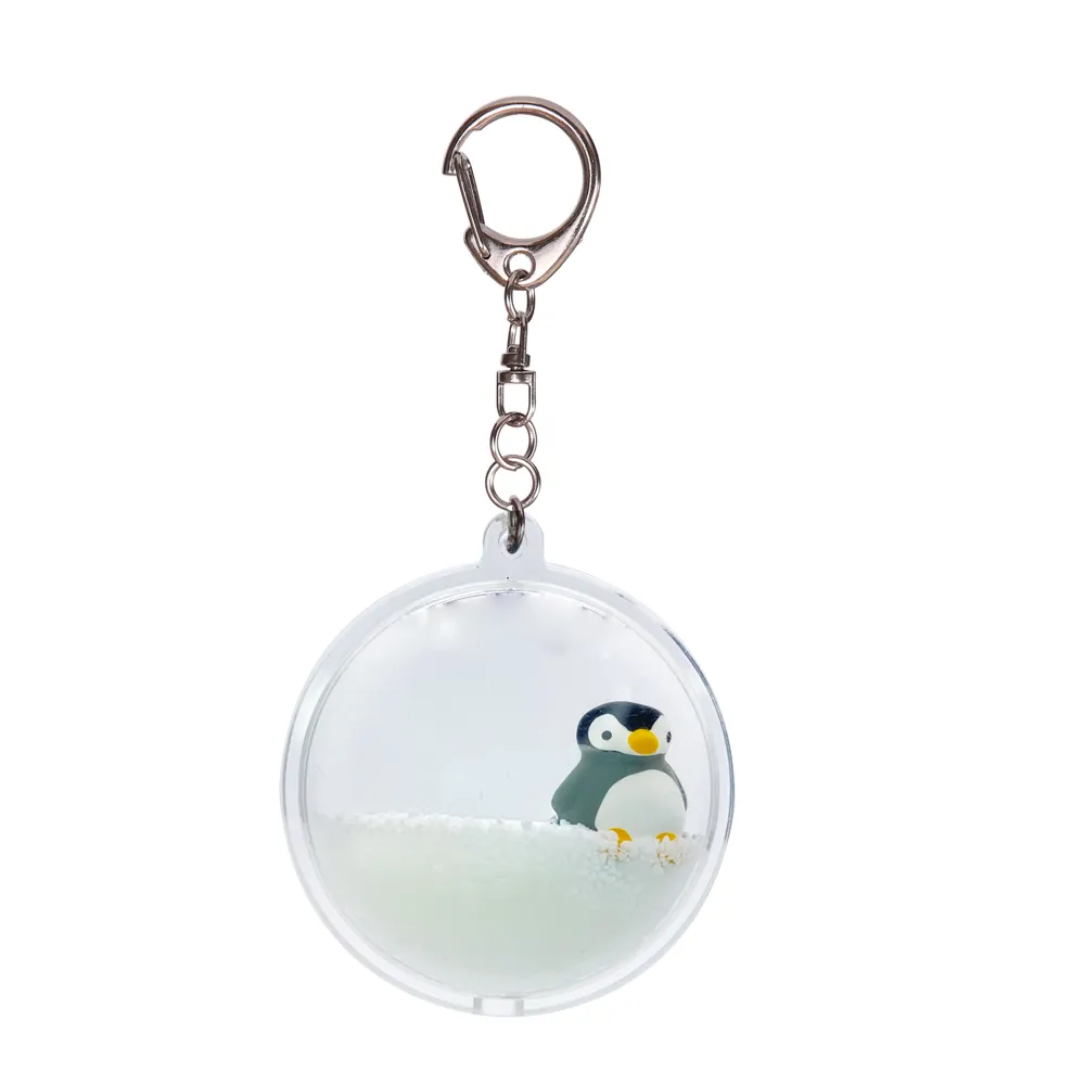 Mini water globe round shape small plastic keychains with sparkle