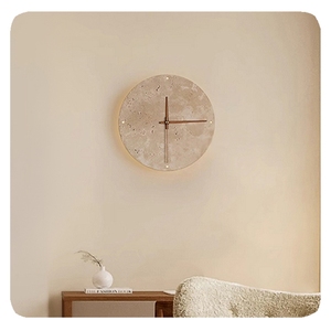 Orologio creativo in pietra da salotto Wabi Sabi lampada da parete nordica semplice giallo travertino ristorante corridoio circolare luce - Product Image 3