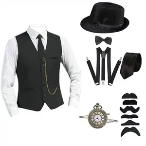 酷客1920S男装了不起的盖茨比配饰套装复古黑帮服装领带帽黑色背心男装维多利亚复古修身马甲