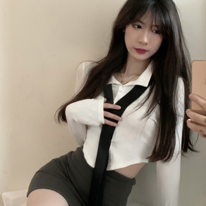 Women's <b>Set</b> Long Sleeve Shirt With <b>Tie</b> Gray Bodycon Skirt Navel Exposed Solid Color Knitted Breathable Fashion Outfit - Product Image 4
