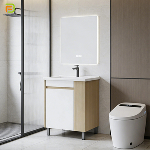 Meubles de salle de bain modernes en bois massif, meuble-lavabo sur pied avec lavabo et miroir - Product Image 2