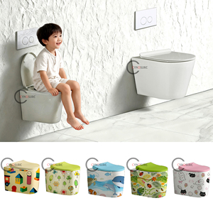 Vente en gros Nouvelle conception de cuvette de toilette sans rebord de couleur blanc et bleu en céramique brillante WC suspendu Toilettes avec siège de toilette pour enfants - Product Image 1