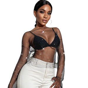 Sexy <strong>Mesh</strong> Fishnet Rhinestones Long Sleeve Crop <strong>Top</strong> Club Wear Women Hollow Out Bling Nightclub Wear - Product Image 1