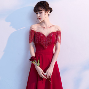 Burgundy Evening Gown Sweetheart Neckline A-Line Illusion Beaded Dress For Banquet Hosts - Product Image 1
