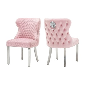 Sedie da Sala da Pranzo con Gambe Cromate Argento, Sedute in Velluto Rosa, Schienale con Anello a Testa di Leone, Sedia da Pranzo in Acciaio Inossidabile - Product Image 1