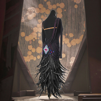 Robe de danse latine noire pour femme avec jupe en plumes et strass-Costume de compétition à manches longues