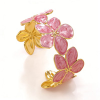 Gelang Manset Bunga Tetesan Minyak Terbuka Warna Pink Baja Tahan Karat Warna Emas Perhiasan Fashion Wanita Hadiah