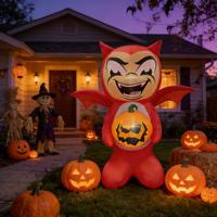 Décoration de jardin gonflable d'Halloween : Diable rouge avec ailes de chauve-souris et lumières LED citrouille, 6-8 pieds, motif démon de dessin animé effrayant, pour fête d'Halloween et maison hantée