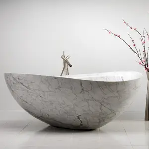 Grande baignoire ovale autoportante en pierre naturelle, en marbre de carrera solide, à vendre