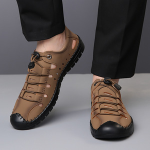 Sandales plates pour hommes en cuir véritable, à bout ouvert, à lacets, chaussures décontractées d'été respirantes, semelle extérieure en caoutchouc, couleur unie, chaussures de papa - Product Image 2