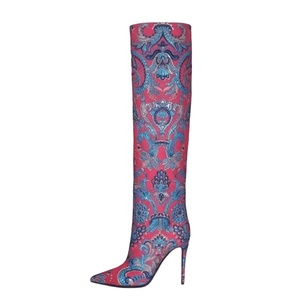 Bottines longues à talons hauts pour femmes, imprimées de motifs floraux, bout pointu, sexy, au-dessus du genou, motif léopard, talons aiguilles - Product Image 1