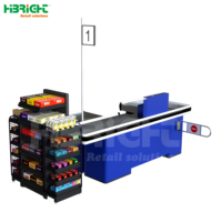 Comptoir de caisse de supermarché et de magasin de proximité en acier, style classique, bleu haute luminosité, avec étagère de présentation