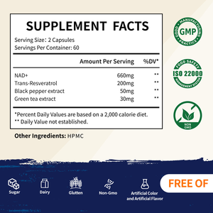 Cápsulas de Resveratrol NAD+ OEM ODM, 120 Unidades, 660 mg de NAD, 200 mg de Trans-Resveratrol, Salud Celular, Apoyo al Envejecimiento Saludable - Product Image 2