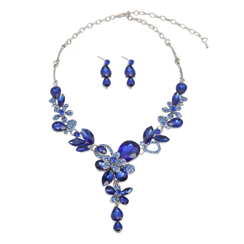Luxury Elegant Blue Crystal Earrings Necklace Jewelry Set For Women and Girls Party Dress Accessories Decorative