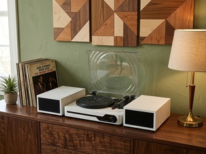 Pièce de décoration esthétique <span class=keywords><strong>blanche</strong></span> pour la maison, <span class=keywords><strong>Bluetooth</strong></span> sans fil avec haut-parleurs externes pour bibliothèque, tourne-disque **lecteur de disques vinyles** - Product Image 5